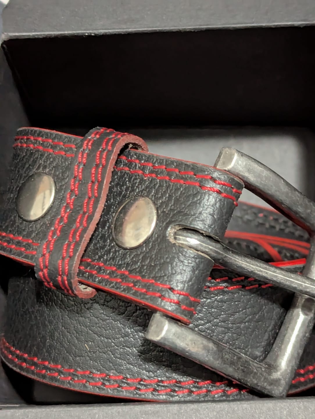 Customer photo review of The Diablo Belt - Black Full Grain Leather Belt with Red Stitches
