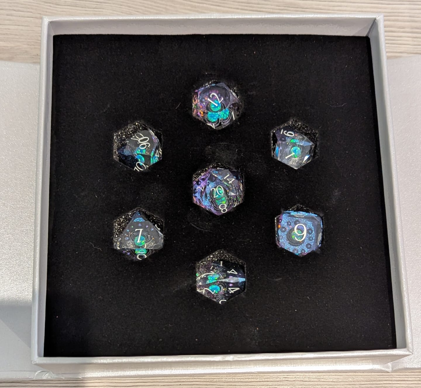 Customer photo review of URWizards D&D Multi-faceted Real Opal Gemstone Bead Dice Set