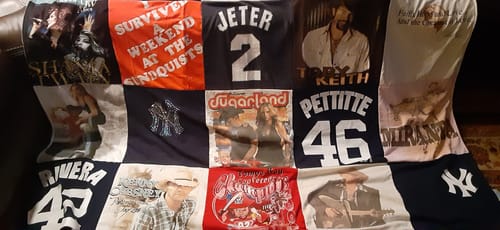 T-shirt quilt with country music, baseball themes by Dena from FL