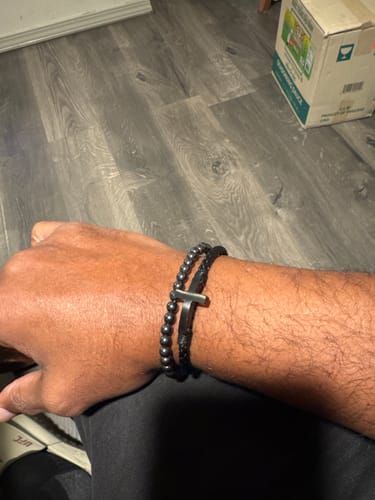 Customer photo review of FIDES Cross Leather & Magnetic Hematite Titanium Bead Bracelet: Helps Pair Veterans With A Service Dog Or Shelter Dog