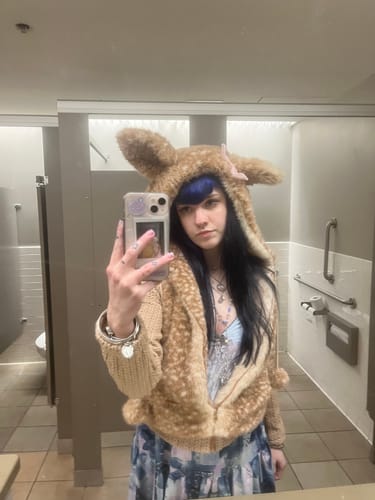 Customer photo review of [Rose Island] Fairy Spirit Deer In Flower Field Faux Fur Hoodie with Zipper