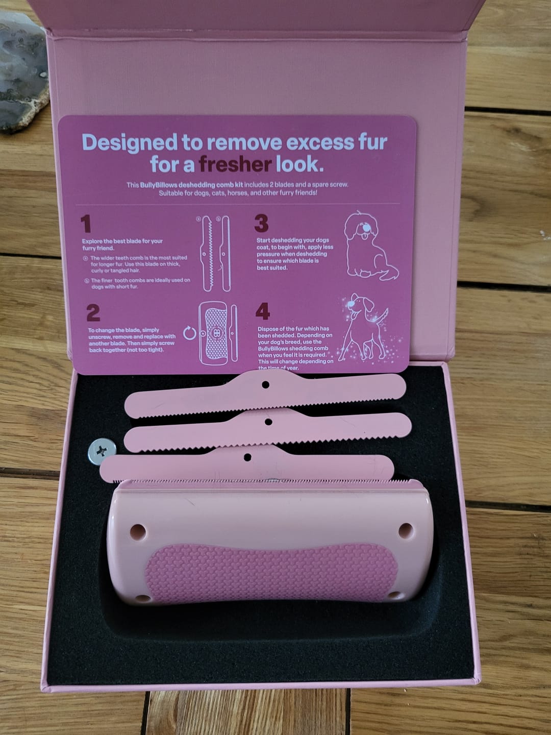 Customer photo review of Dog Deshedding Comb - Dog, Horse & Cat - Pink