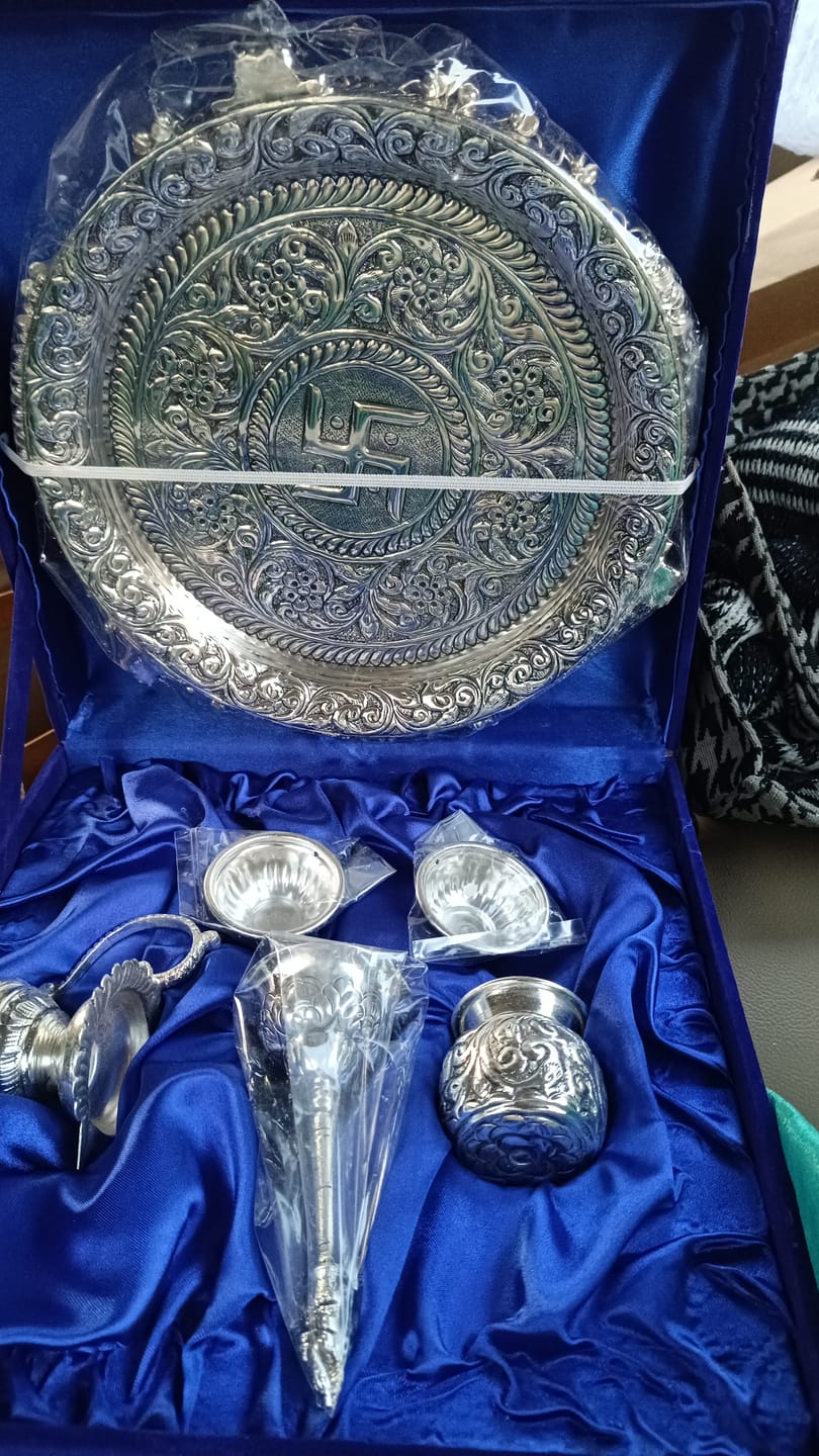 Customer photo review of Intricately Designed Silver Pooja Thali Set with Elephant Trunk Shaped Stand