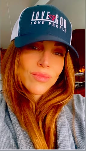 Customer photo review of Love God Love People, White and Pink Thread Embroidered Trucker Cap - Christian Hat