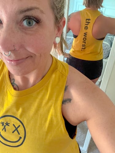 Customer photo review of Salty Savage Ladies "the worst." Flowy Racerback Crop Tank | Mix Up