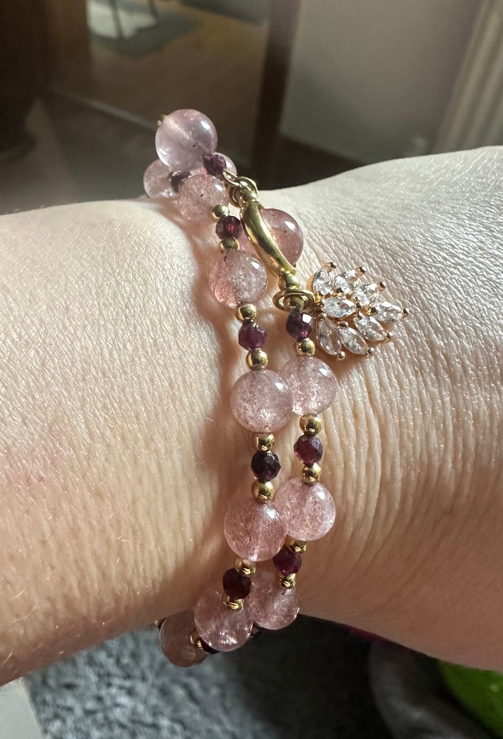 Customer photo review of Natural Strawberry Quartz Love Healing Maple Leaf Charm Double Wrap Bracelet