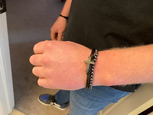 Customer photo review of FIDES Cross Leather & Magnetic Hematite Titanium Bead Bracelet: Helps Pair Veterans With A Service Dog Or Shelter Dog
