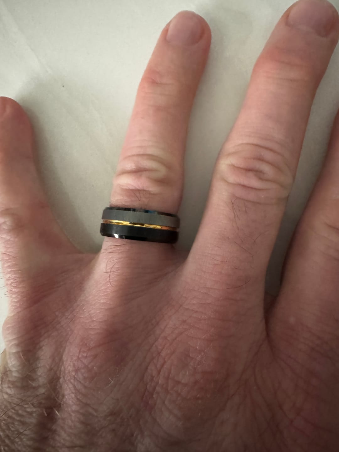 Customer photo review of 8MM - Black & Gold Tungsten Ring Matte Finish Brushed Laser Horizontal Grain