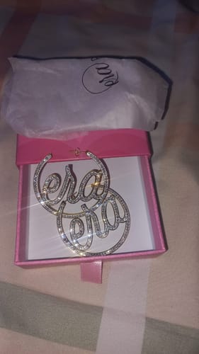 Customer photo review of Gold Luxe Logo Hoops