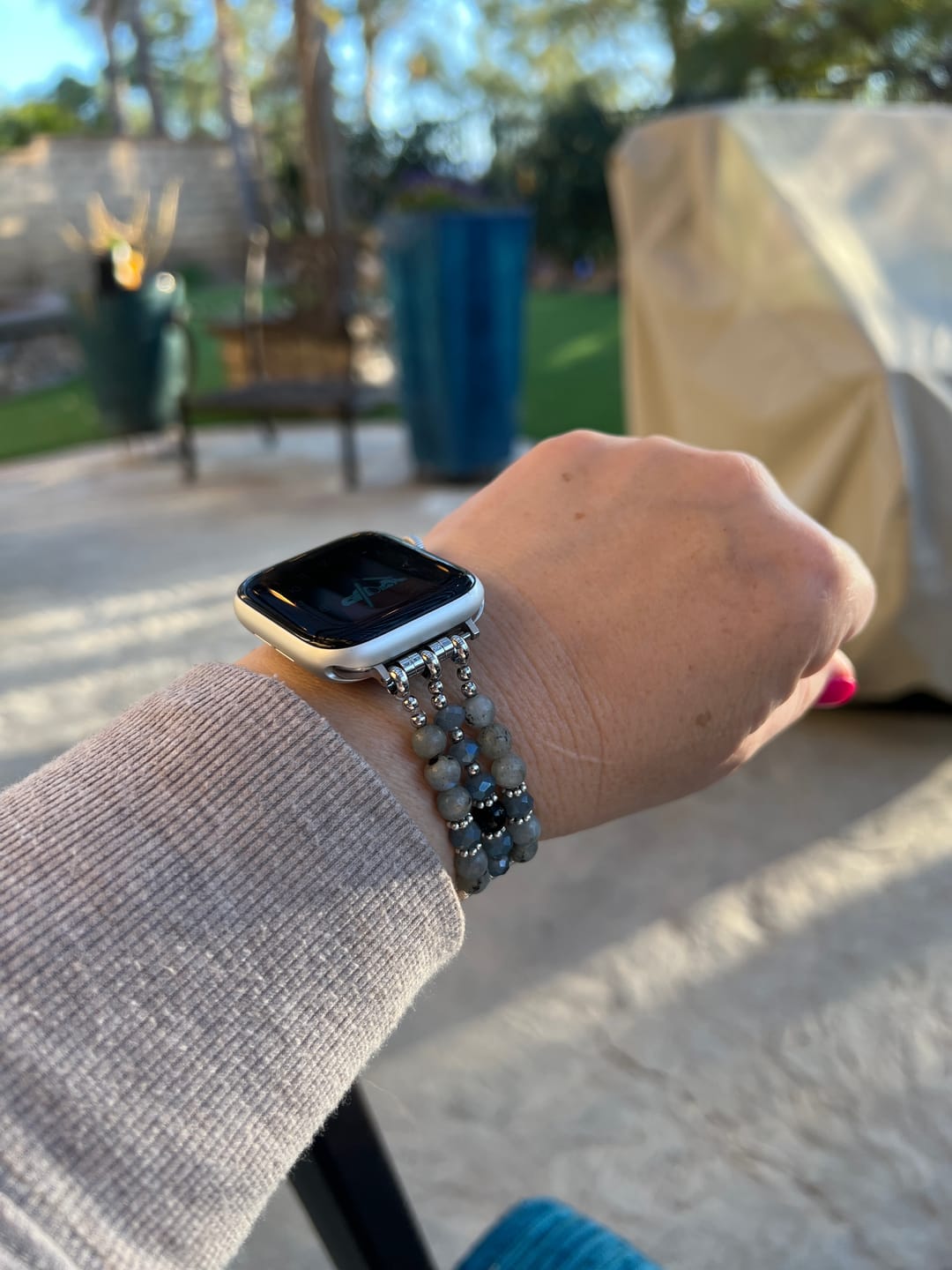 Customer photo review of Artisanal Labradorite Indigo Stretch Apple Watch Strap