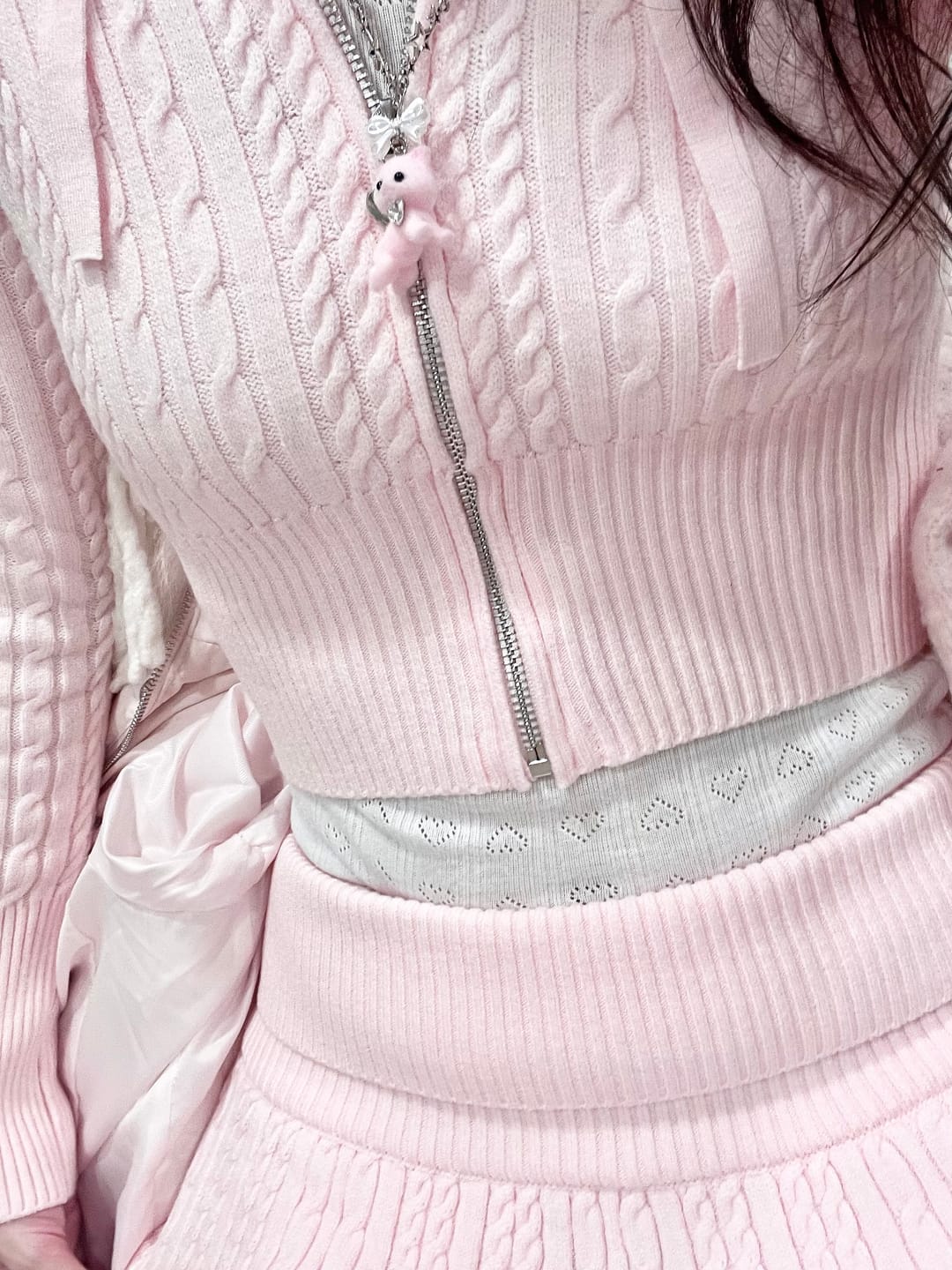 Customer photo review of Strawberry Milk Cable Knit Zip up Cardigan (Pink)