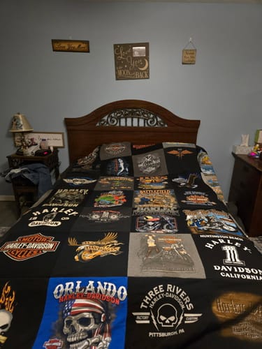T-shirt quilt with motorcycling, biking themes by Larraine from PA