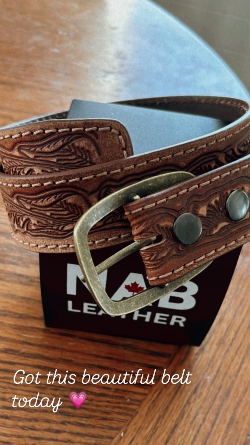 Customer photo review of Dakota - Brown Western Leather Belt with Gold Buckle - Made in Canada