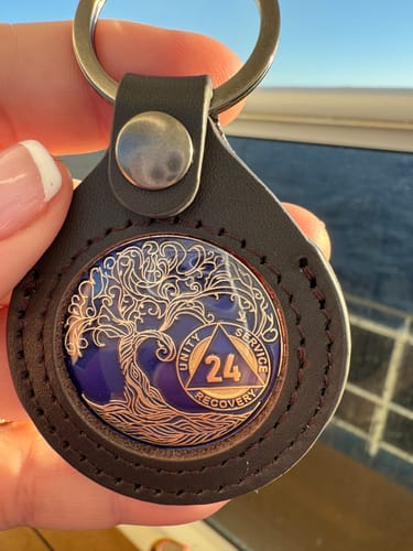 Customer photo review of Sobriety Mint Genuine Leather 40mm AA Medallion Keychain Holder - Recovery Chip/Coin/Token Holder - Black