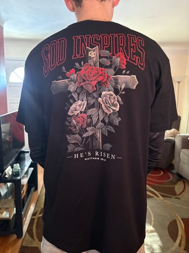 Customer photo review of Theophany 'He's Risen' Staple T-Shirt