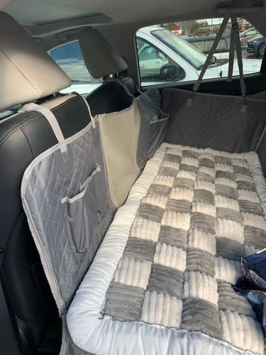 Customer photo review of NEW Waterproof Hard Bottom Car & Truck Seat Foldable Hammock Cover With Storage Pockets, Side Flaps, Headrest Straps, Seat Anchors, & Mesh Window (+FREE SAFETY BELT!)