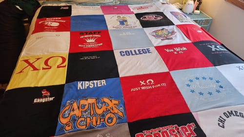 T-shirt quilt with college life, sororities themes by Kathryn from WA