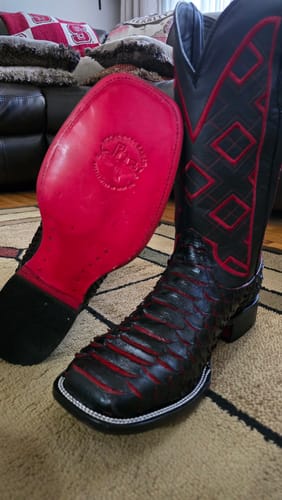 Customer photo review of Black Cherry Jumbo Python Leather Boots — Square Toe