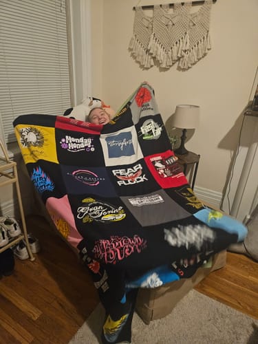 T-shirt quilt with music, veganism themes by Leta from OH