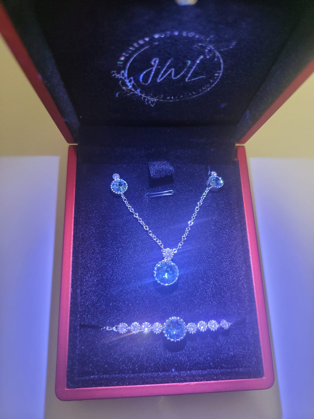 Customer photo review of Classic Round Aquamarine Solitaire Jewellery Set with Austrian Crystals