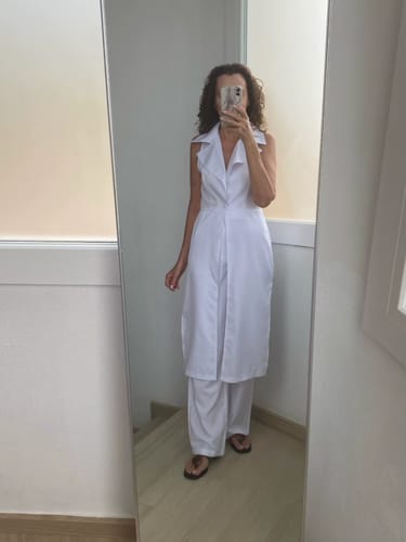 Customer photo review of Savina Linen Blend Lapel Midi Vest and Pocketed Wide Leg Pants Set