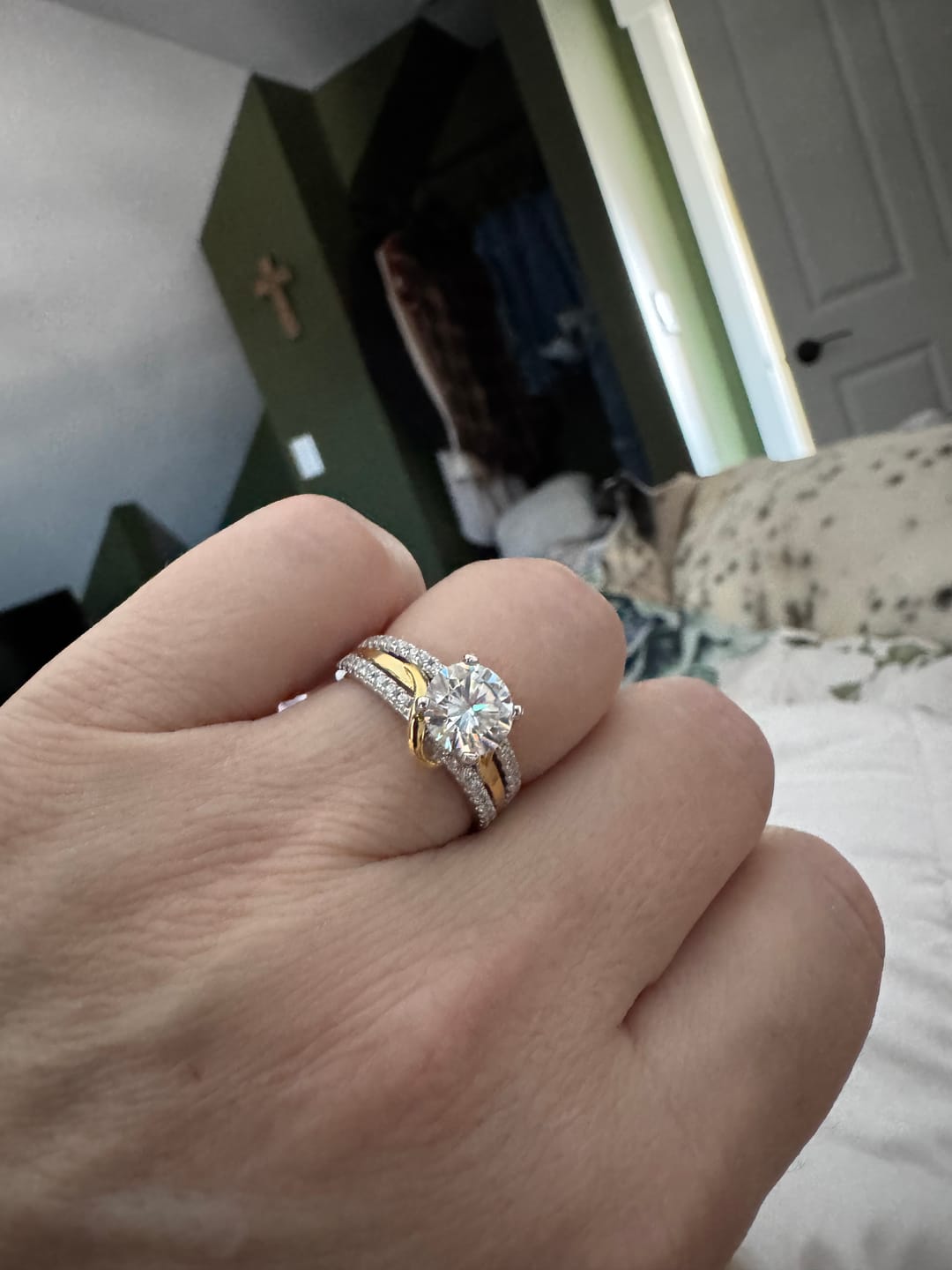 Customer photo review of Round Moissanite Two Tone Vine Split Shank Pave Engagement Ring