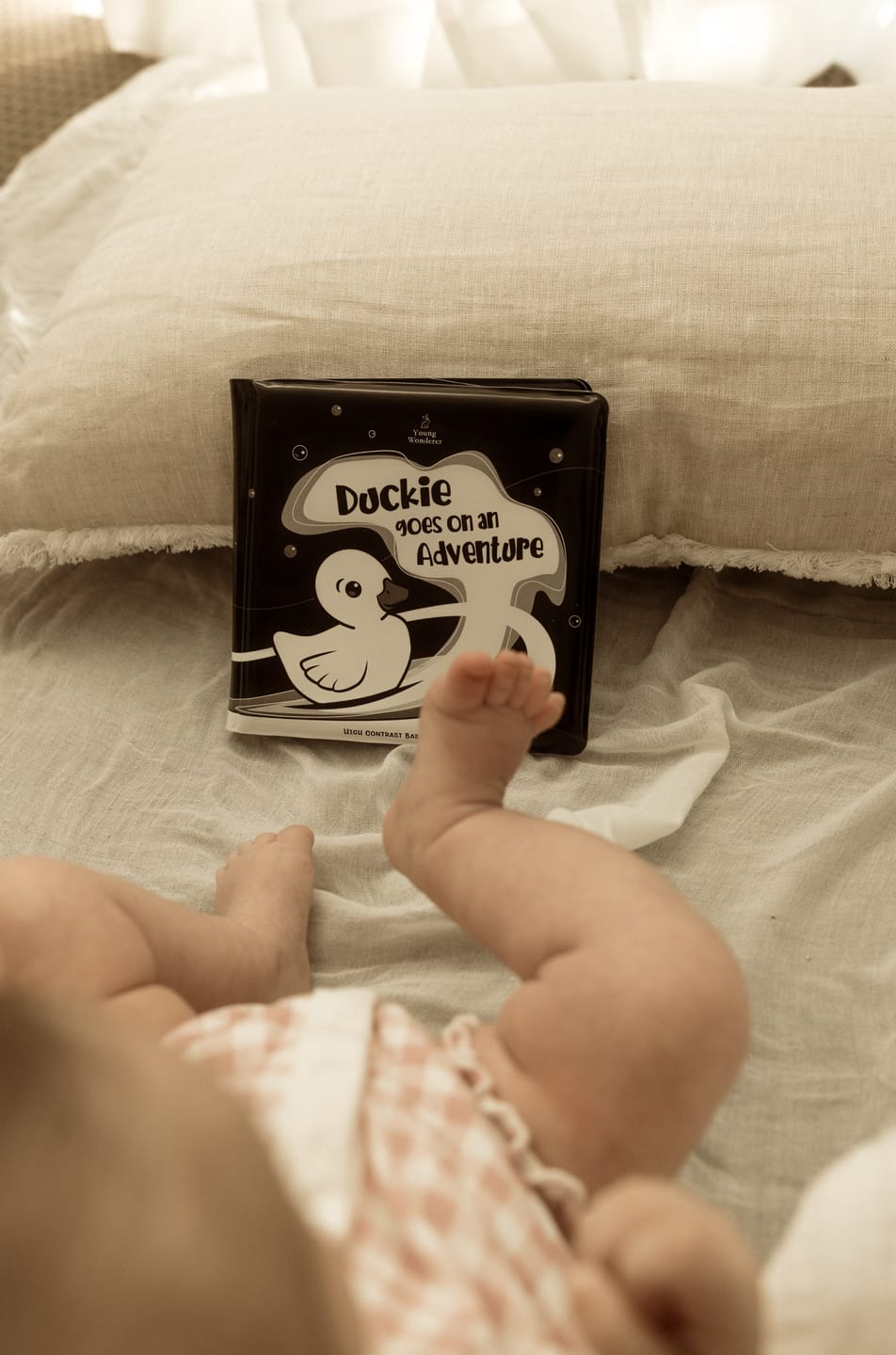 Customer photo review of Duckie Goes On An Adventure Black and White Bath Book