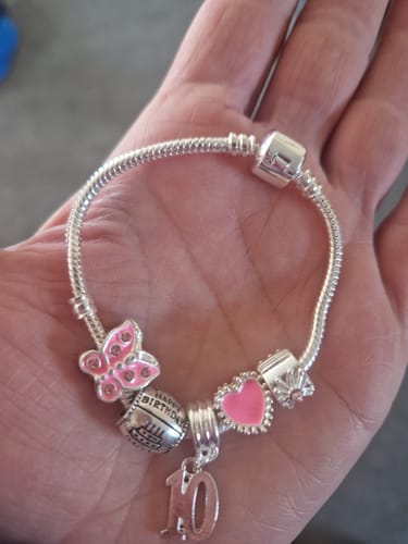Customer photo review of Children's Pink 'Happy 10th Birthday' Silver Plated Charm Bead Bracelet