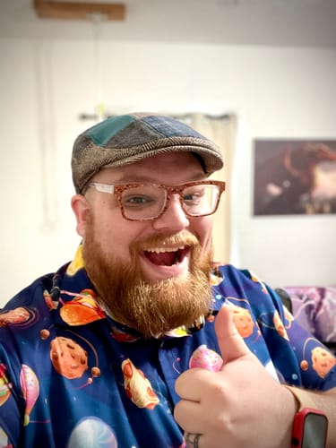 Customer photo review of Cartoon Planet Food Space Blue Purple Button Up Shirt