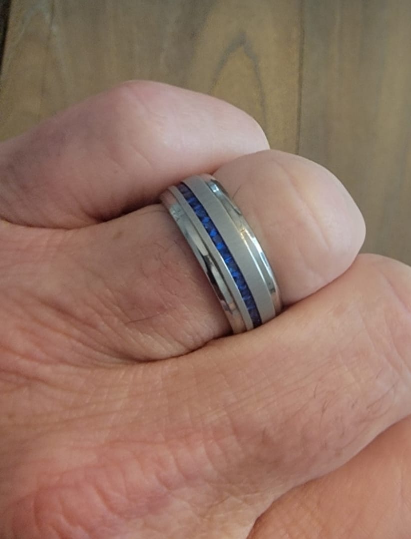 Customer photo review of 8mm - Mens Titanium Wedding Band With Blue Sapphire Titanium Ring