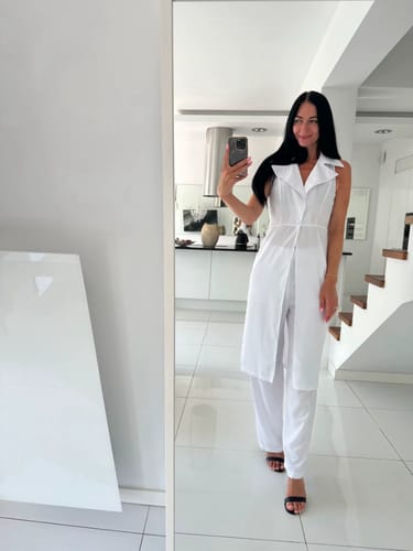 Customer photo review of Savina Linen Blend Lapel Midi Vest and Pocketed Wide Leg Pants Set