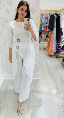 Customer photo review of Tehla Linen Blend Ring Tie-up Detail Midi Blouse and Elastic Waist Pocketed Loose Pants Set