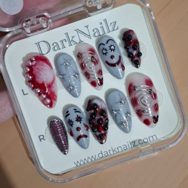 Customer photo review of Scary Clown Press On Nails, Horror Halloween Nails, Clown Cry Smile DarkNailz