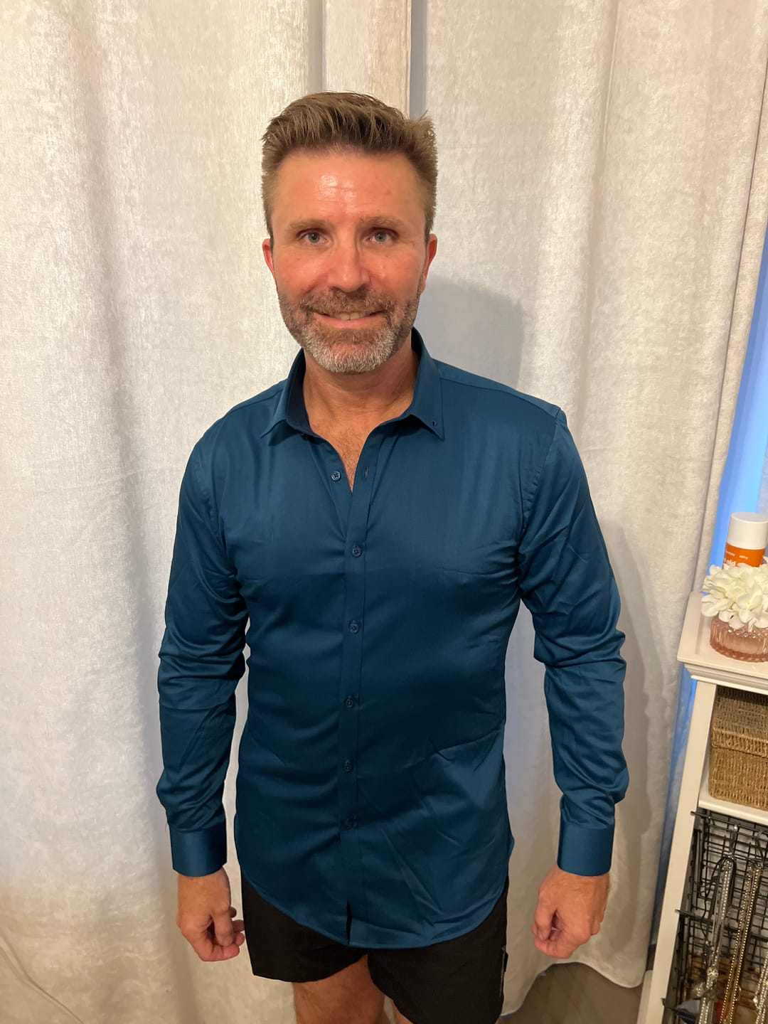 Customer photo review of Bamboo Satin Stretch Shirt - Deep Teal
