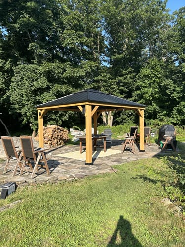 Customer photo review of SUNJOY 11x13 Wooden Gazebo with Solar Panel, LED Lights and Ceiling Hook - Driftwood Cedar