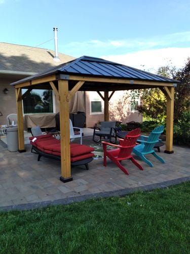Customer photo review of SUNJOY 11x13 Wooden Gazebo with Solar Panel, LED Lights and Ceiling Hook - Driftwood Cedar