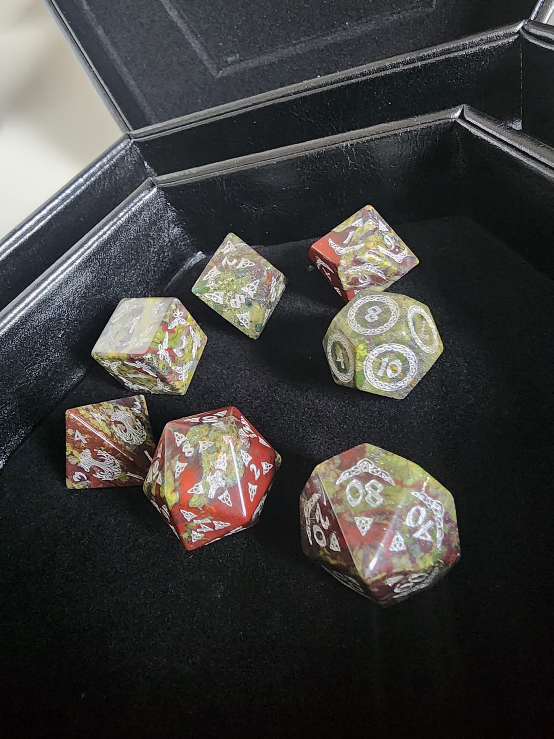 Customer photo review of Celtic Dragon Blood Jasper Stone Dice Set – Dice Around the World Collection