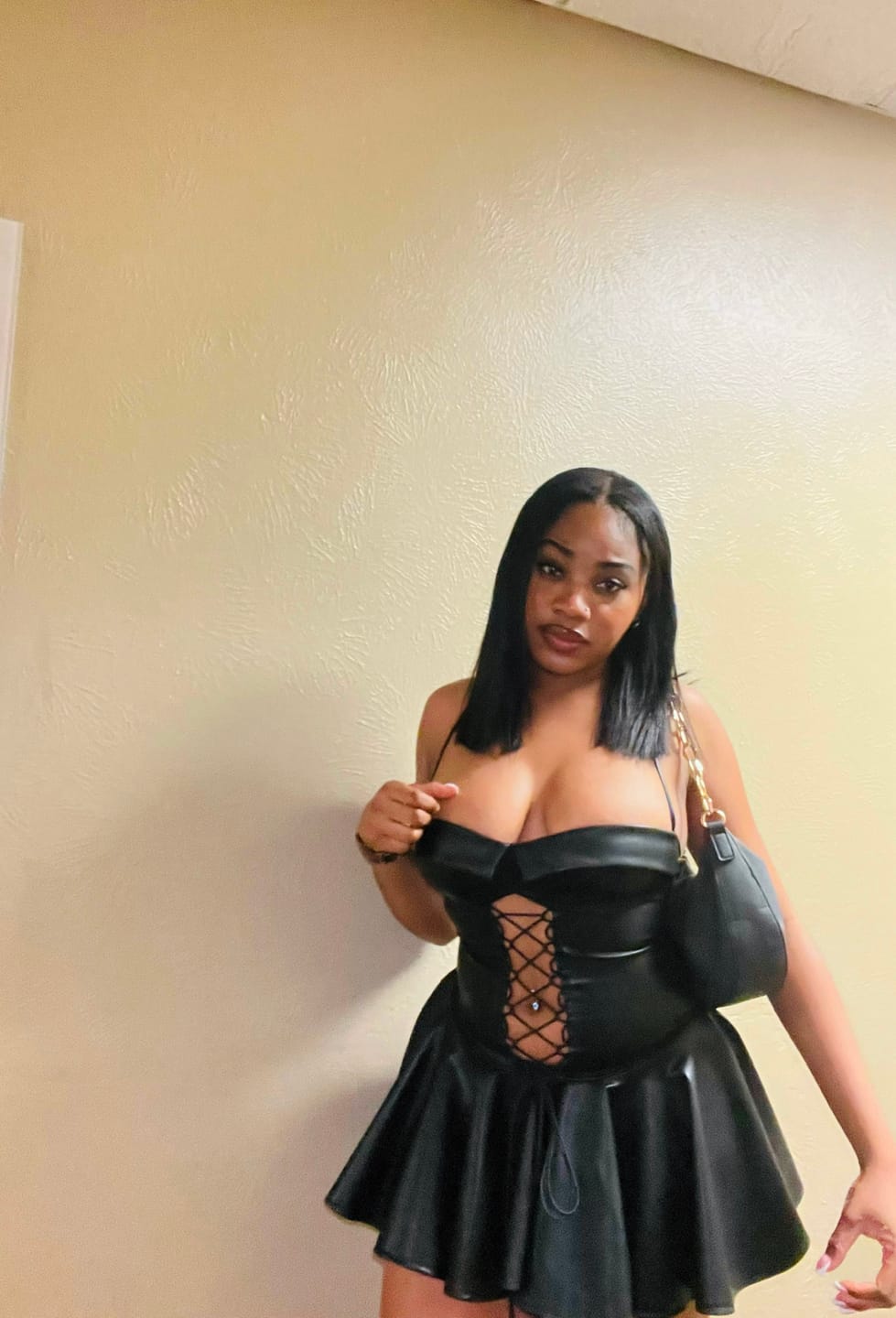 Customer photo review of Allison Faux Leather Corset Flare Mini Dress
