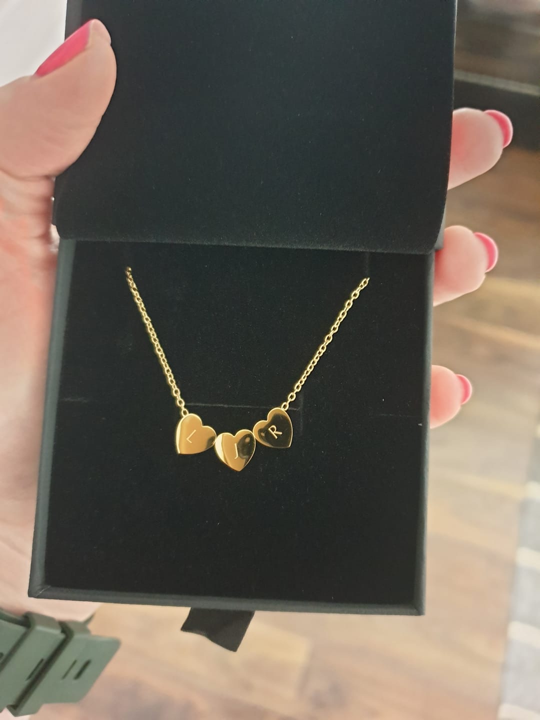 Customer photo review of Amo Heart Triple Bead Necklace in Gold