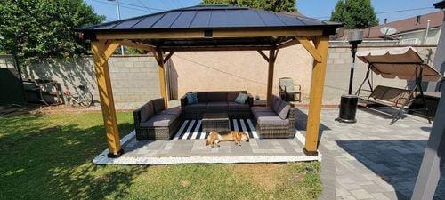 Customer photo review of SUNJOY 11x13 Wooden Gazebo with Solar Panel, LED Lights and Ceiling Hook - Driftwood Cedar