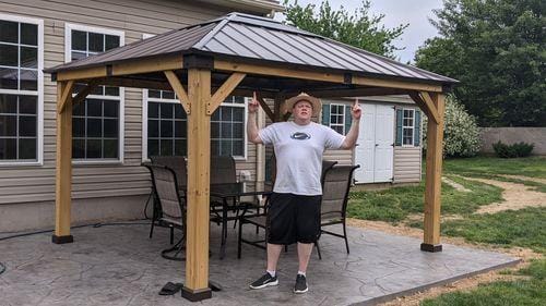 Customer photo review of SUNJOY 11x13 Wooden Gazebo with Solar Panel, LED Lights and Ceiling Hook - Driftwood Cedar