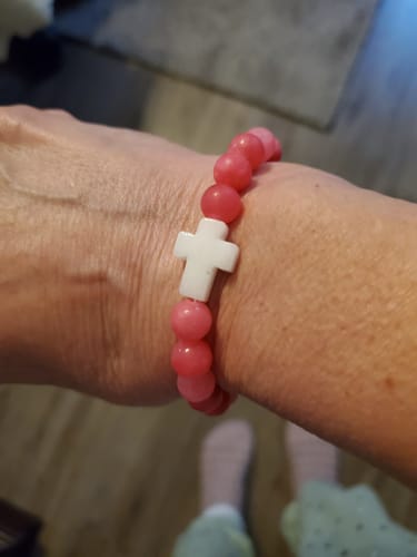 Customer photo review of Cotton Candy Pink & White Jade Cross Bracelet