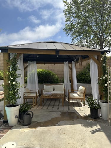 Customer photo review of SUNJOY 11x13 Wooden Gazebo with Solar Panel, LED Lights and Ceiling Hook - Driftwood Cedar
