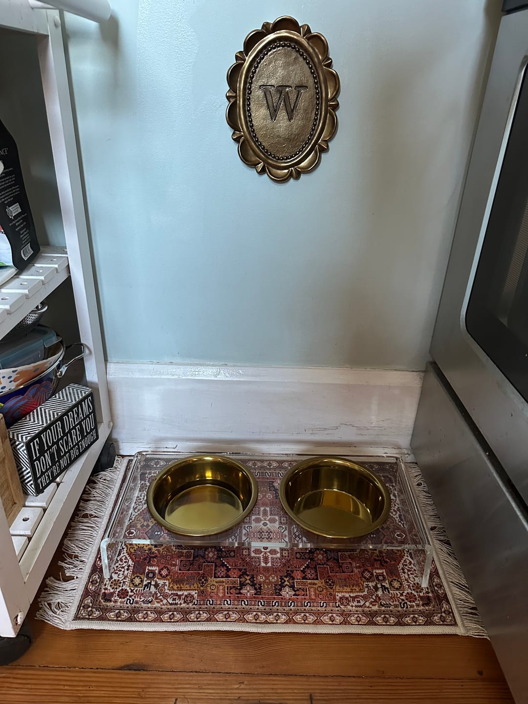 Customer photo review of Pet Bowl Mat with Fringe - Ophelia // Personalization: Not requested on this item.