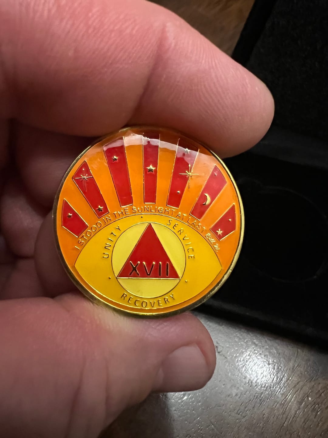 Customer photo review of Stood in the Sunlight 17 Year Specialty AA Recovery Medallion - Tri-Plated Seventeen Year Chip/Coin + Velvet Case