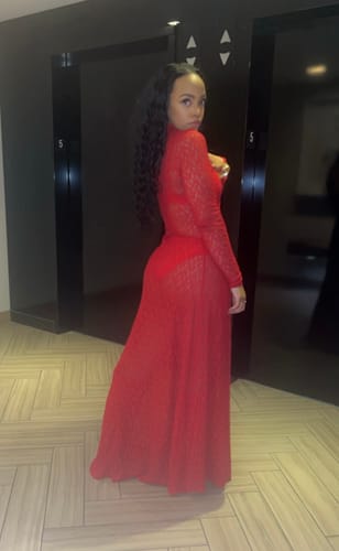Customer photo review of Stretch Lace Turtleneck Maxi Dress
