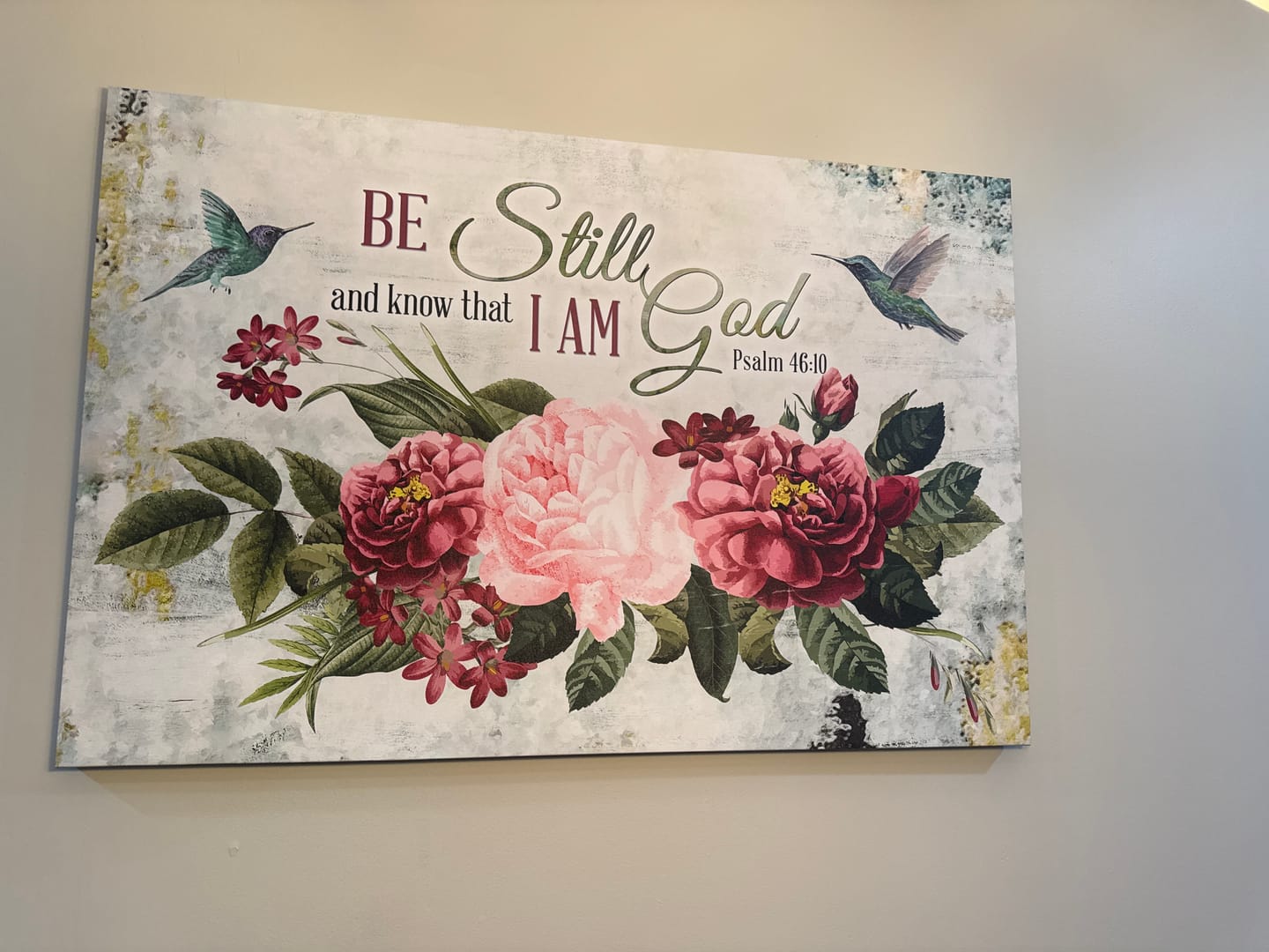 Customer photo review of Be Still and Know That I Am God, Vintage Flower Hummingbird, Wall art canvas