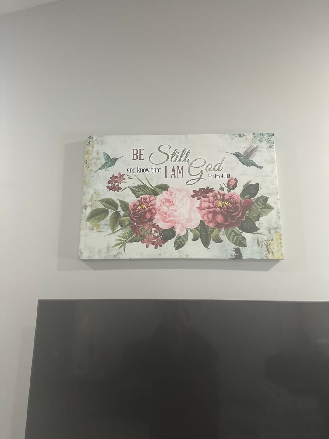 Customer photo review of Be Still and Know That I Am God, Vintage Flower Hummingbird, Wall art canvas