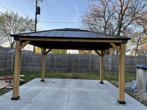 Customer photo review of SUNJOY 11x13 Wooden Gazebo with Solar Panel, LED Lights and Ceiling Hook - Driftwood Cedar