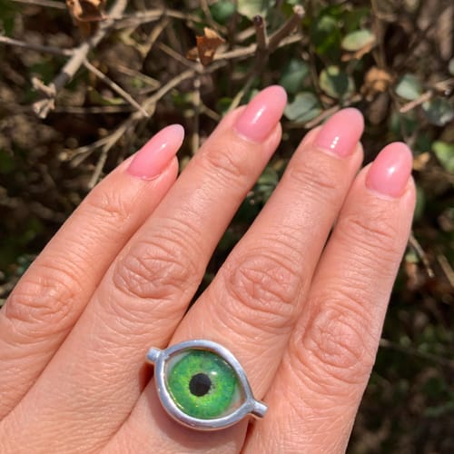 Customer photo review of Hand Painted Green Silver Eye Ring